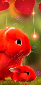 Cute red rabbits with hearts wallpaper for mobile.