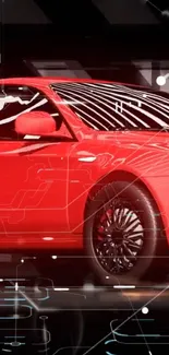 Sleek red car with futuristic digital design features.