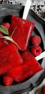 Red raspberry popsicles with leaves on a plate.