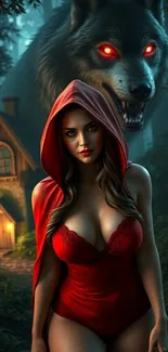 Fantasy Red Riding Hood with wolf in forest.