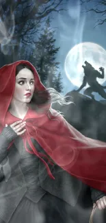 Red Riding Hood stands in a moonlit forest with a wolf silhouette.