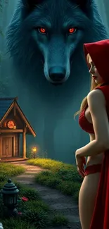 Red Riding Hood encounters a wolf in a mystical forest.