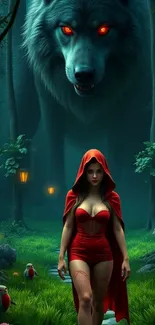 Red Riding Hood walks in a dark forest with a giant wolf.