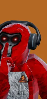 Red robot with headphones on orange background.