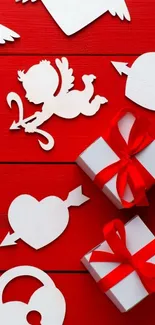 Red background with white hearts and gift boxes.