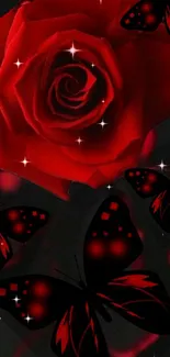 Vibrant red rose with black butterflies and star sparkles on a dark background.