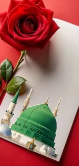 Wallpaper with red rose and mosque illustration on paper.