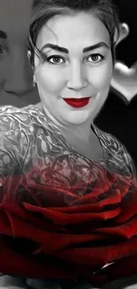 Artistic portrait with red rose and heart design.