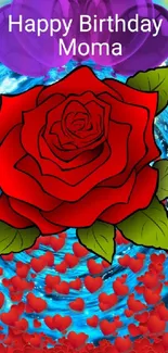 Vibrant mobile wallpaper with red rose and hearts on a blue background.