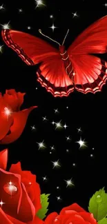 Red butterfly and roses on a black background with stars.