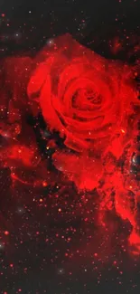 A vivid red rose set against a starry galaxy background.