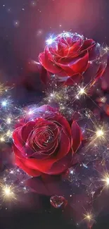 Red roses with sparkling stars on a galaxy-themed wallpaper.