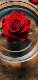 A beautiful red rose in a glass bowl on a wooden surface.