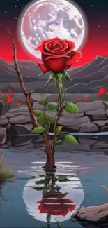 A red rose reflected in water under a full moon in a serene landscape.