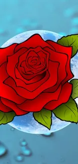 Illustrated red rose over blue water background wallpaper.