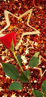 Red rose with green leaves on a sparkly starry backdrop.