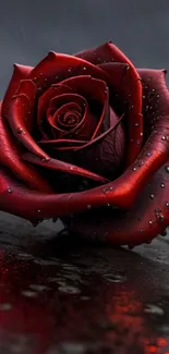 Red rose on dark wet surface wallpaper.