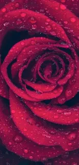 Close-up of a red rose with dewdrops enhancing its petals.