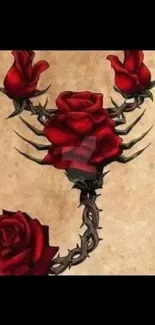 Red roses forming a scorpion on textured background.