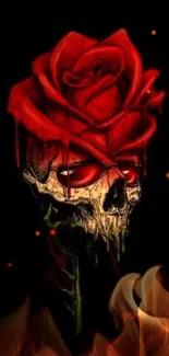 Red rose and skull wallpaper on black background.