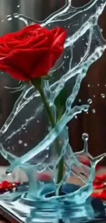 Red rose surrounded by a vibrant splash of water on mobile wallpaper.