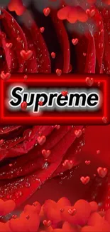 Red rose with Supreme logo and heart accents on wallpaper.