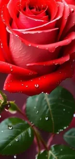 Red rose with water droplets on petals.