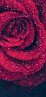 Close-up of a vibrant red rose with dew drops against a dark background.