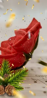 Red rose with pine cones and golden confetti on a blurred background.