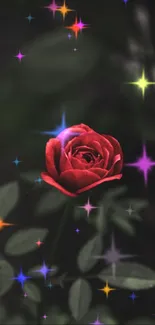 Mobile wallpaper with red rose and colorful stars.