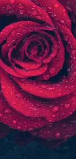 Close-up of a vibrant red rose with water droplets on petals.