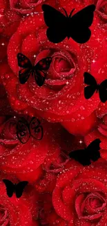 Mobile wallpaper featuring red roses and black butterflies with sparkling details.