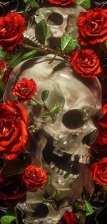 Gothic wallpaper with skulls and red roses on a dark background.