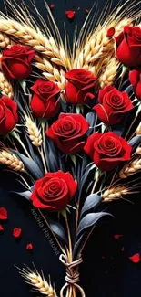 Bouquet of red roses and wheat on dark background.