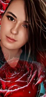 Artistic wallpaper of red roses and a female portrait.