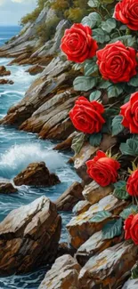 Red roses blooming on a coastal cliff overlooking the sea.