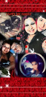 Family photo collage with red roses border and love message.