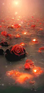 Glowing red roses floating on a mystic water surface, creating a tranquil ambiance.