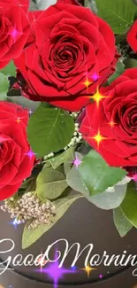 Red roses bouquet with Good Morning text.