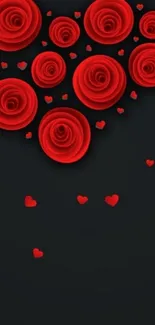 Black wallpaper with red roses and heart shapes for a romantic phone theme.