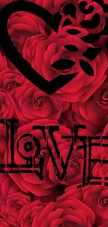 Red roses with artistic 'Love' text on mobile wallpaper.