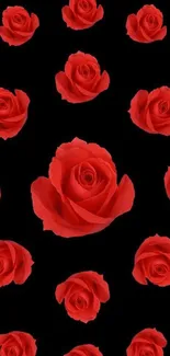 Mobile wallpaper with red roses on a black background.