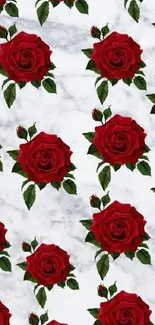 Seamless red roses pattern on a marble background for mobile wallpaper.