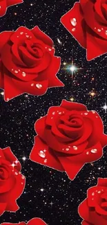 Red roses with dewdrops on a starry night backdrop.