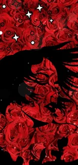 Artistic red rose wallpaper with black silhouette.