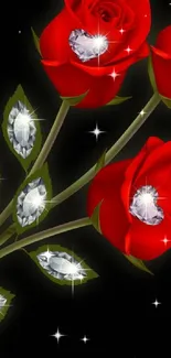 Mobile wallpaper of red roses with sparkling diamond accents on a black background.