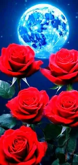 Vivid red roses below a glowing blue moon in picturesque night setting.