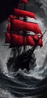 Ship with red sails navigating through stormy seas.