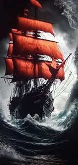 Ship with red sails amid stormy seas and crashing waves.