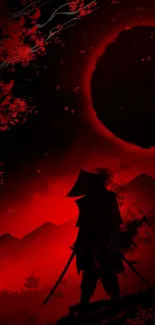 Silhouetted samurai under a red eclipsed moon.